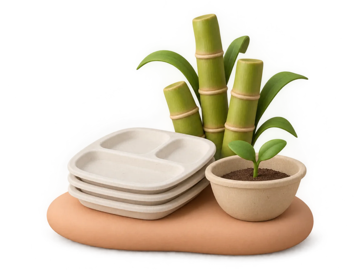 Clay render of bagasse plates, a bowl with a seedling and sugarcane stalks