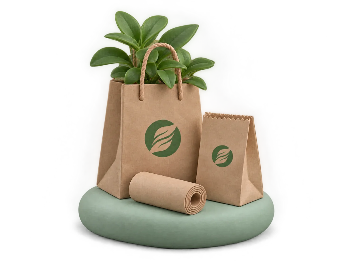 Clay render of a kraft carry bag with a plant growing out of it, an SOS bag and a kraft roll