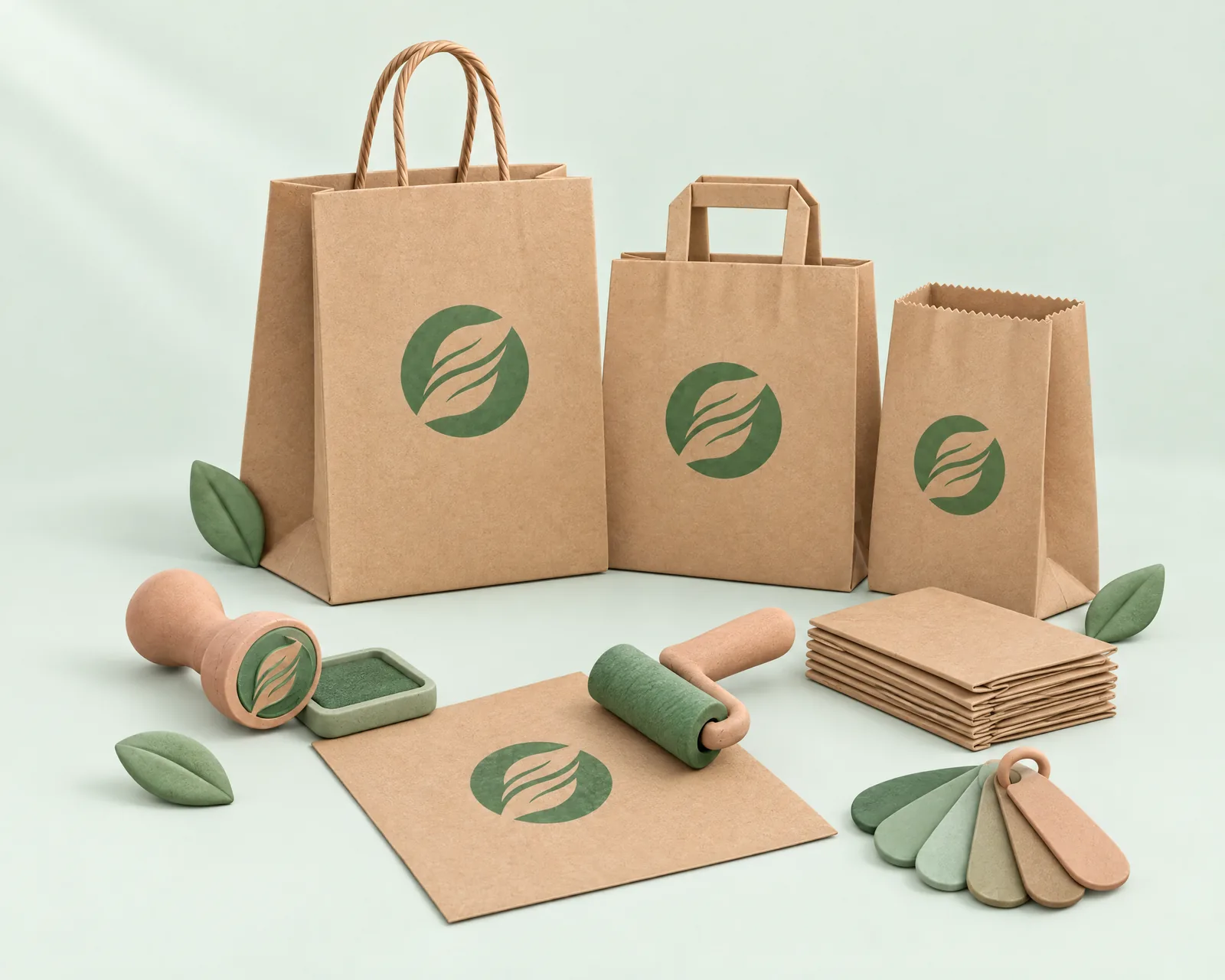 Clay render of twisted-handle, flat-handle and SOS kraft bags printed with the Zukpack logo, with a print roller, stamp and colour swatches