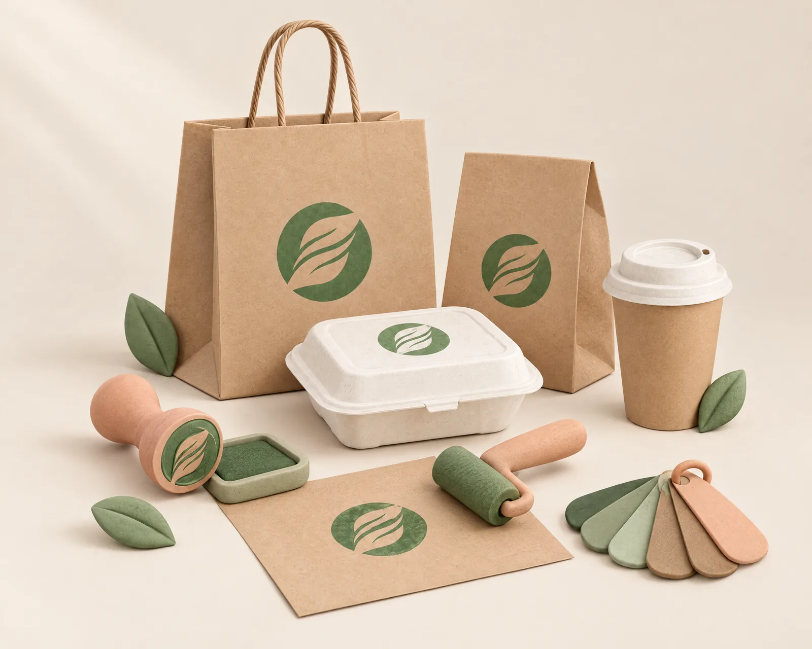 Clay render of kraft bags, a clamshell and a cup printed with the Zukpack logo, with a stamp, print roller and colour swatches