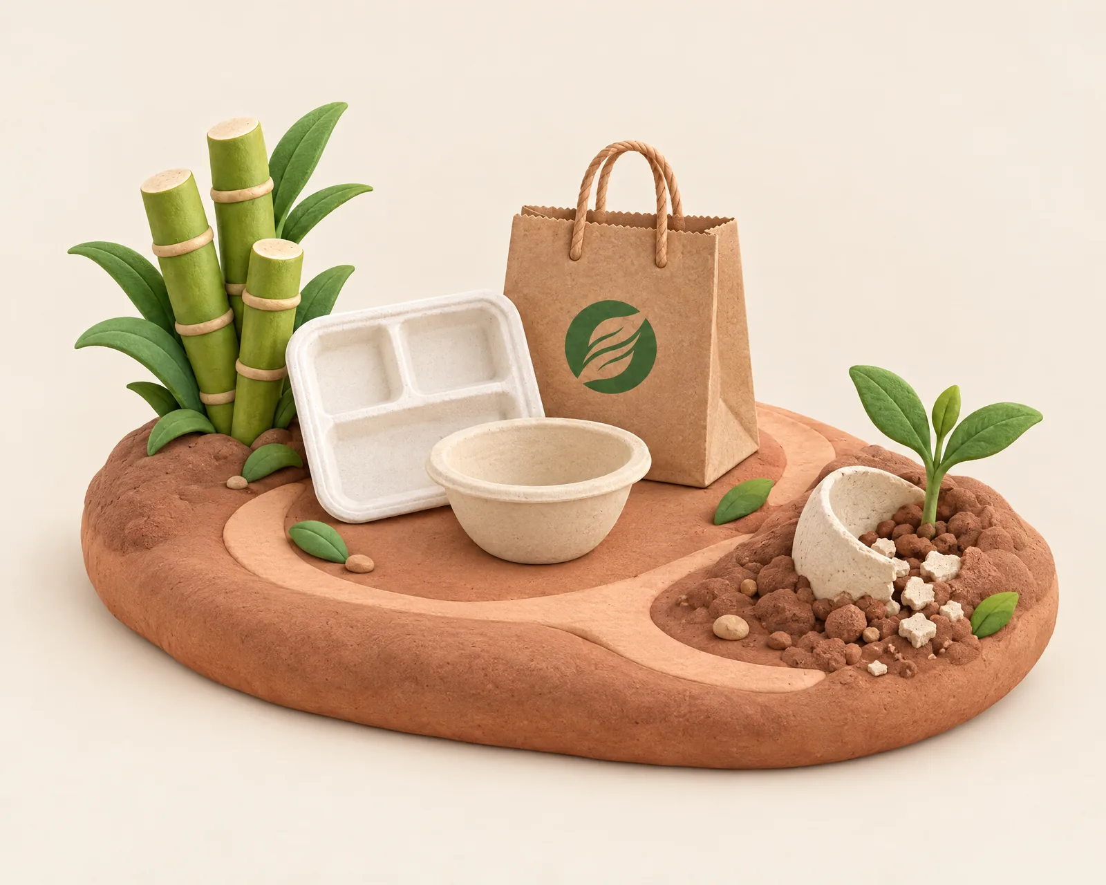 Clay diorama: sugarcane grows, becomes Zukpack tableware and bags, then returns to the soil as a seedling